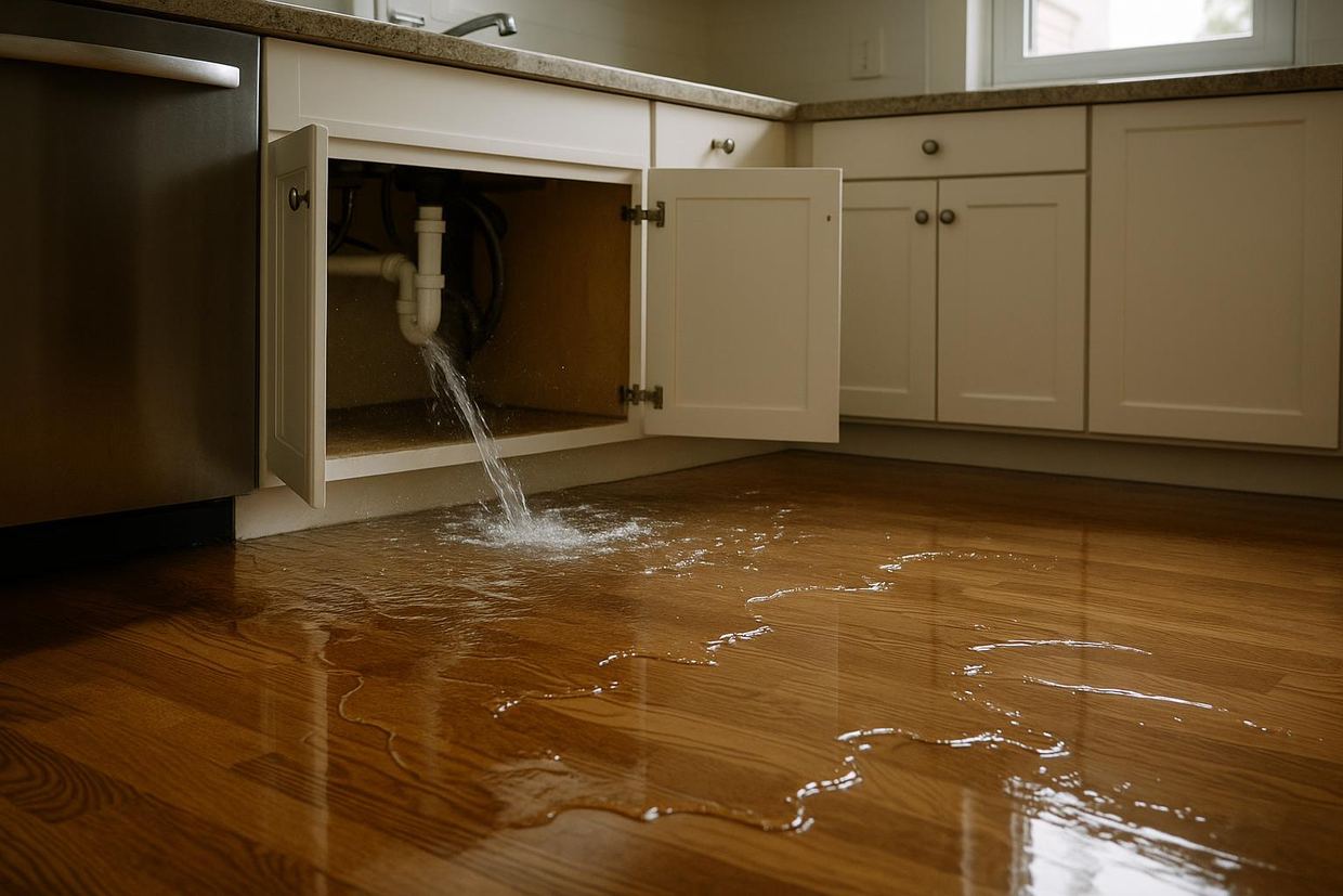 Water spreading across a Plano floor from a burst pipe being cleaned up