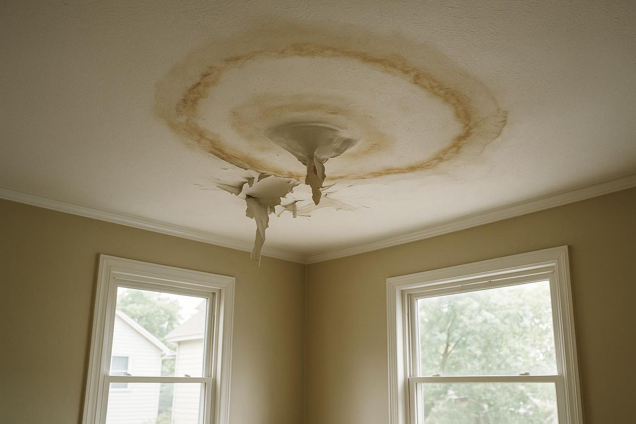 Water-stained and sagging ceiling in a Plano home being repaired