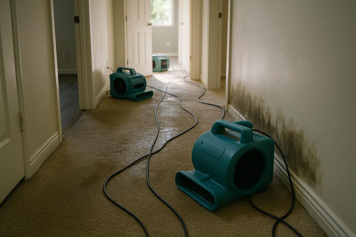 Water damage cleanup underway in a Plano home with drying equipment