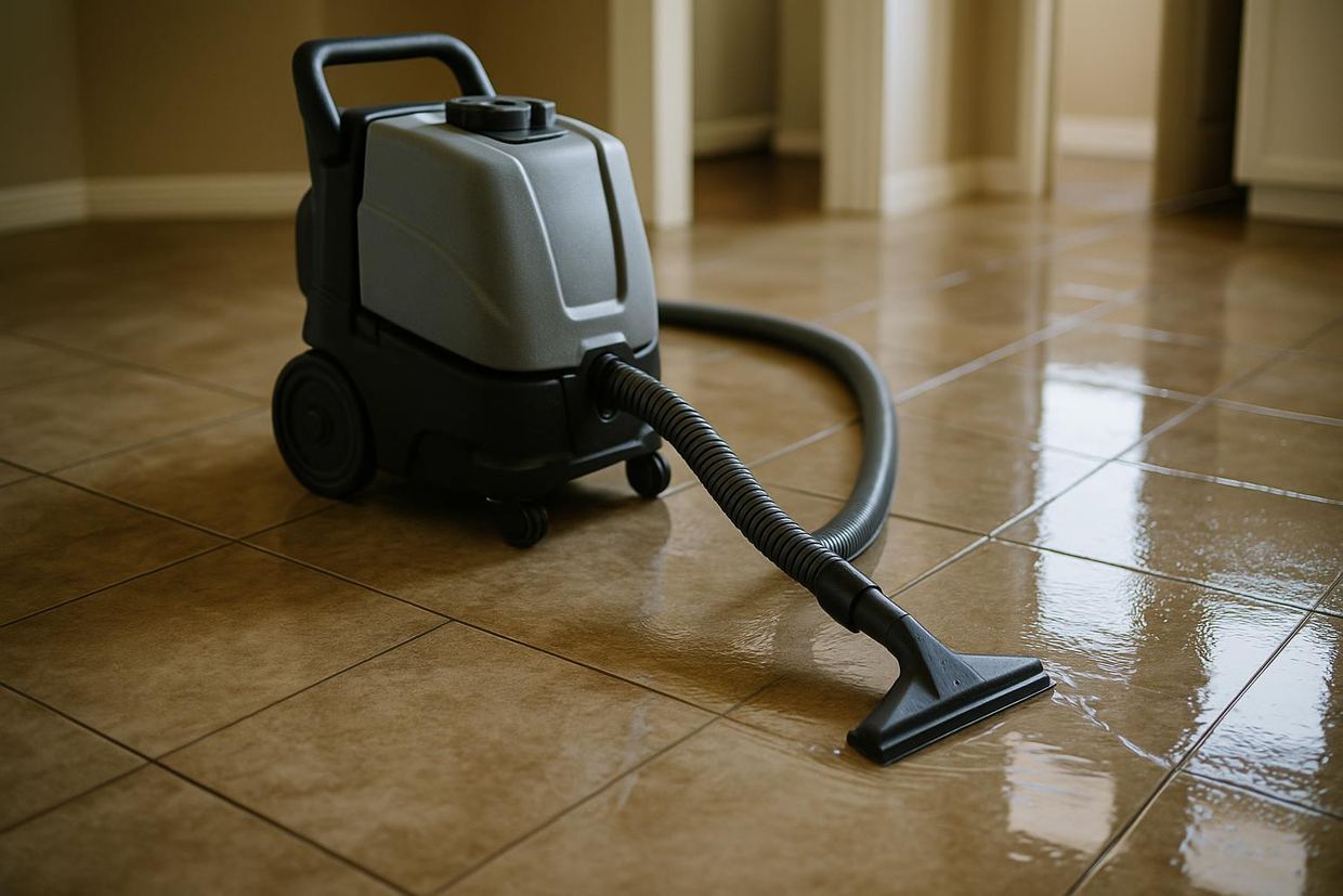 Technician extracting standing water from a flooded Plano floor