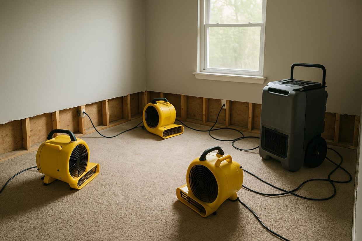 Drying equipment running in a Plano home after water damage restoration