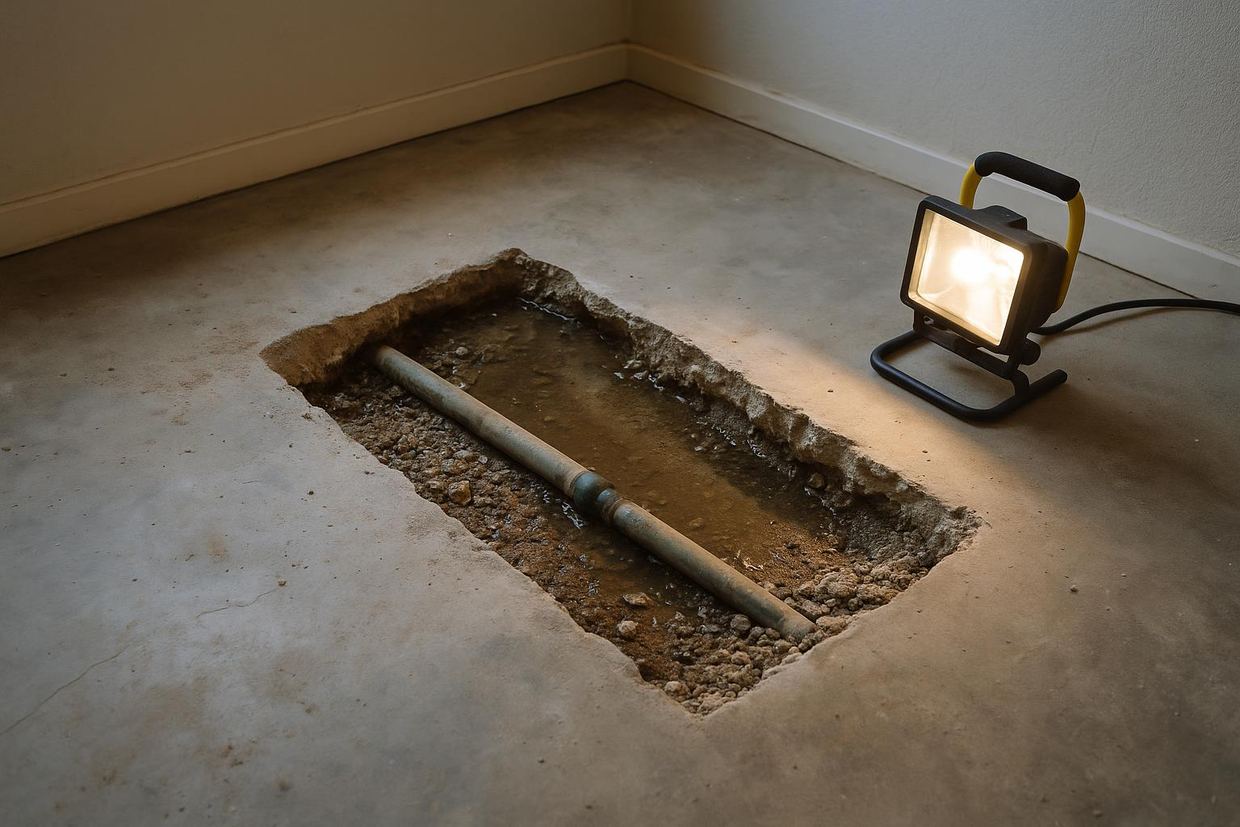 Cut concrete slab floor in a Plano home during slab leak water damage repair